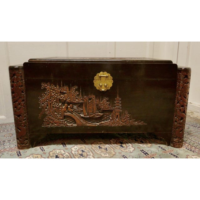 Brown Art Deco Oriental Carved Camphor Wood Chest, 1920s For Sale - Image 8 of 9