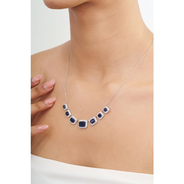 Not Yet Made - Made To Order 7.3ct Emerald-Cut Blue Sapphire Diamond Halo Station Necklace in 14k White Gold For Sale - Image 5 of 18