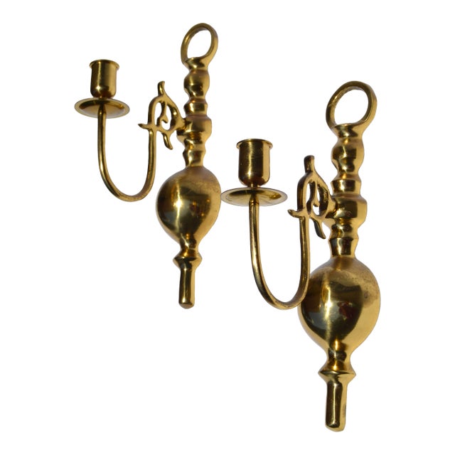 Late 20th Century Mid-Century Modern Cast Brass Candle Holder Wall Sconces - A Pair For Sale