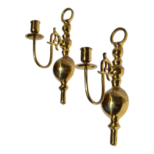 Late 20th Century Mid-Century Modern Cast Brass Candle Holder Wall Sconces - A Pair