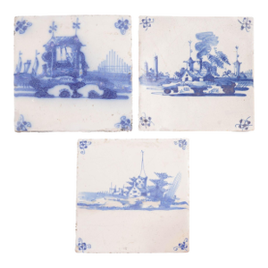 Set of 3 Delft Faience Tiles With Architectural Landscapes, C. 1700