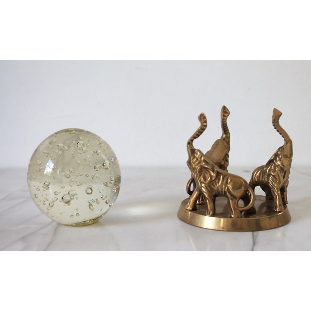 Vintage Brass Elephant Trio Base W/ Bubble Art Glass Sphere For Sale - Image 4 of 10