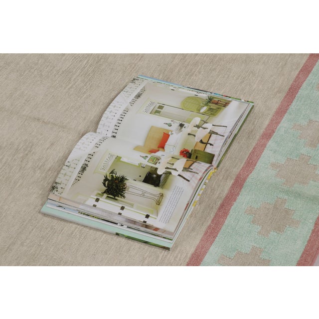 Beige Rug & Kilim’s Contemporary Dhurrie Rug in Beige With Teal and Rose Border For Sale - Image 8 of 9