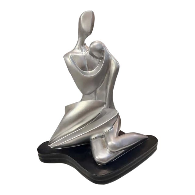Two Lovers, Silver Plaster Sculpture on Black Plaster Base For Sale