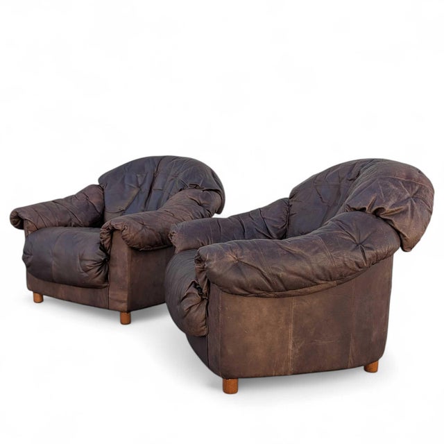 Late 20th Century Slouchy Overstuffed Leather Lounge Chairs in Chocolate Brown - Pair For Sale - Image 4 of 18