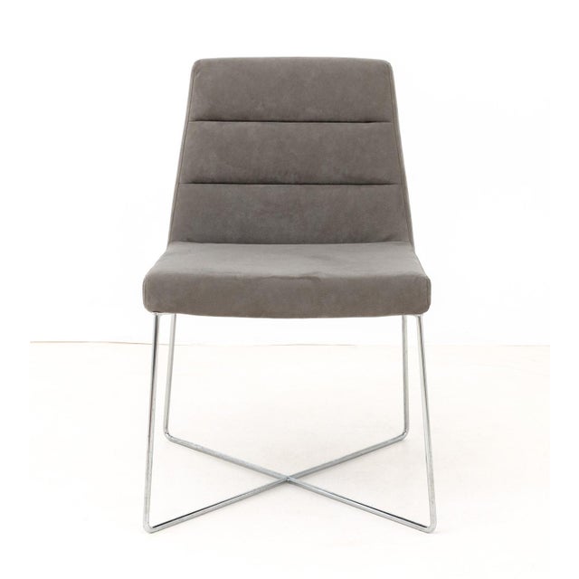 Ligne Roset Gray Suede Upholstered Side Chair, on a chrome-plated base, "Ligne Roset / made in France" label to underside....