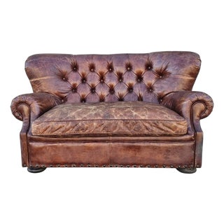 5 Foot Restoration Hardware Churchill Tufted Leather Sofa Loveseat For Sale