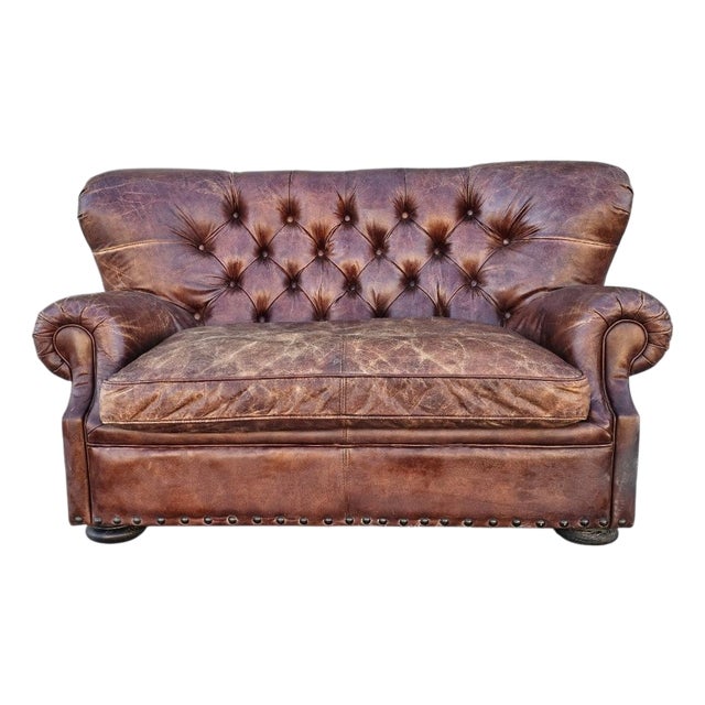 5 Foot Restoration Hardware Churchill Tufted Leather Sofa Loveseat For Sale
