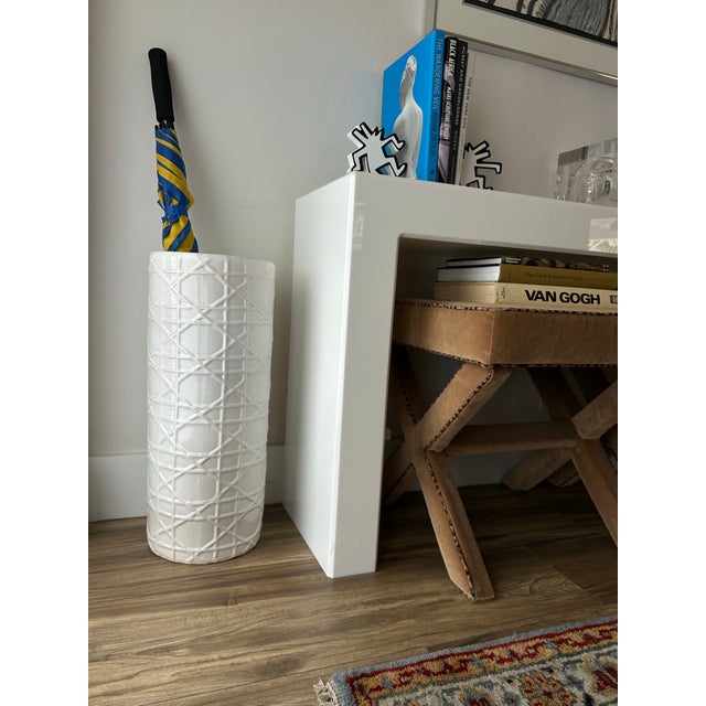 Vintage Chinoiserie White Ceramic ‘Faux Cane’ Umbrella Stand For Sale - Image 4 of 9