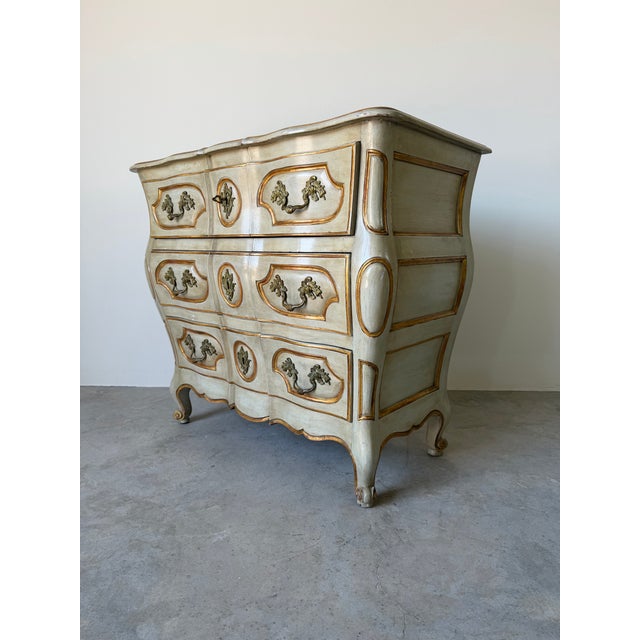 Vintage Louis XV Style Bombe Chest of Drawers in Painted Finish With Ornate Brass Hardware For Sale - Image 4 of 12