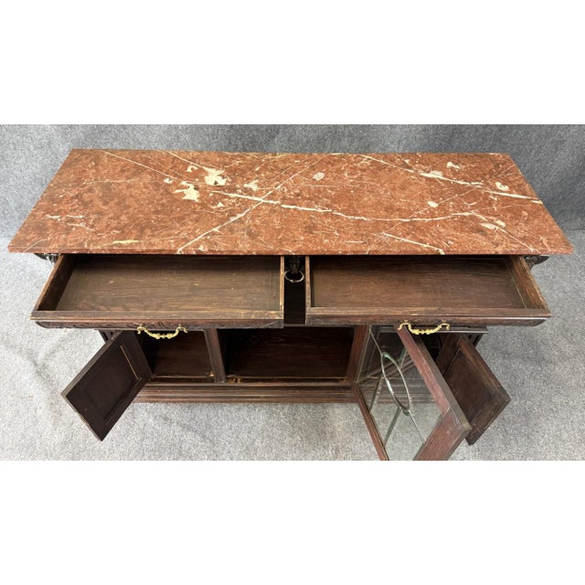 19th Century 19th Century Marble Top Continental Oak Buffet With Leaded Glass Door For Sale - Image 5 of 18