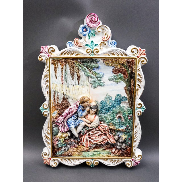 R. Capodimonte Italy Vintage Romantic Couple Relief Porcelain Wall Plaque. Measures approximately 13 3/4" long, 1 1/2"...