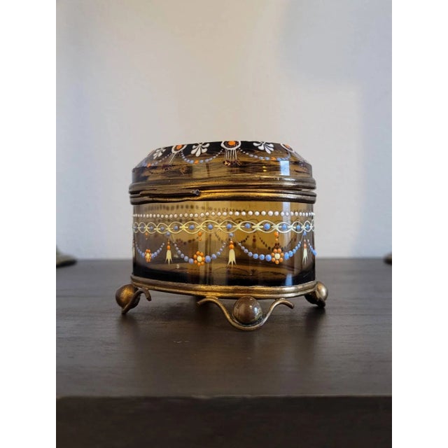 Amber 19th Century Bohemian Moser Enameled Amber Art Glass Jewel Casket For Sale - Image 8 of 11