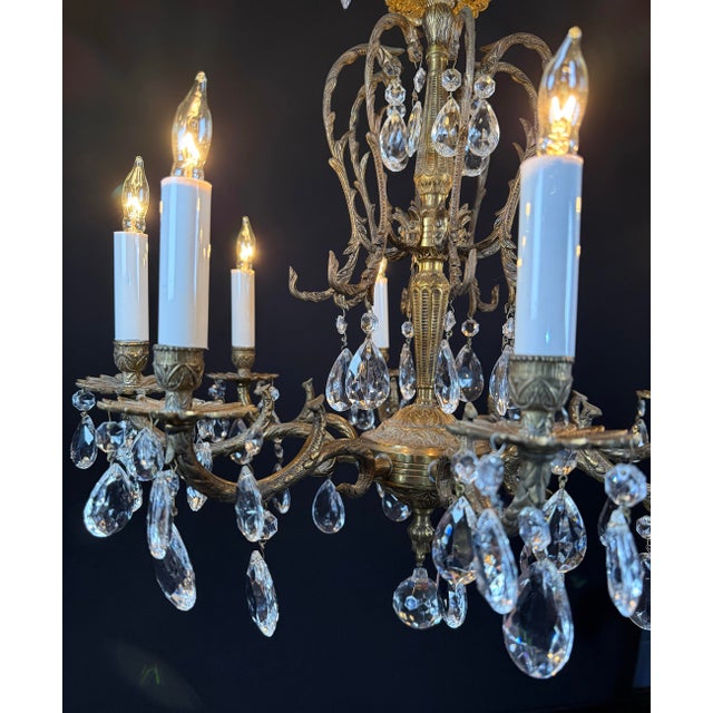 Vintage Brass Chandelier Ornate Eight Lights With Crystals For Sale - Image 4 of 8