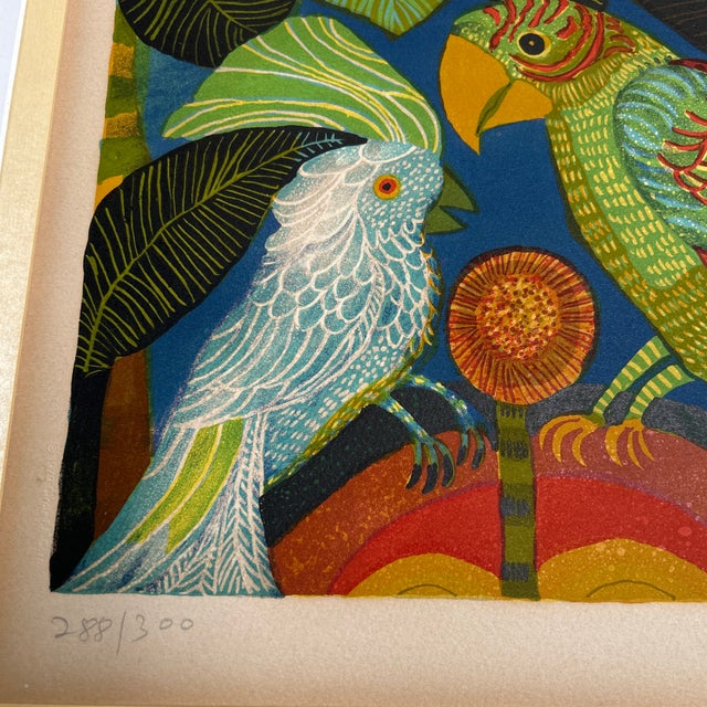 Folk Art 1970’s Original Folk Art “Parrot & Cockatiel” Lithograph For Sale - Image 3 of 7