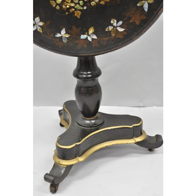 Antique English Victorian Mother of Pearl Inlay Black Lacquer Tilt Top Table For Sale - Image 9 of 18