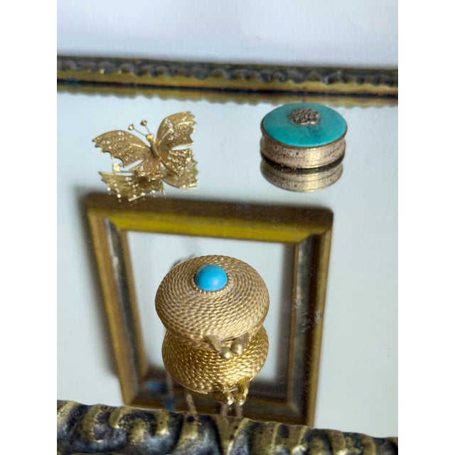 Victorian Vintage 1960s Art Nouveau Revival Gold Tone Filigree Butterfly Brooch With Blue Rhinestone Accents For Sale - Image 3 of 7