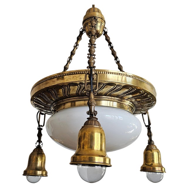 Art Nouveau Polished Brass Chandelier with Opaline Glass Dome, Austria, 1910s For Sale