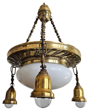 Art Nouveau Polished Brass Chandelier with Opaline Glass Dome, Austria, 1910s