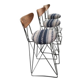 Hand Upholstered Wool Accent Bar Stools - Set of 3 For Sale