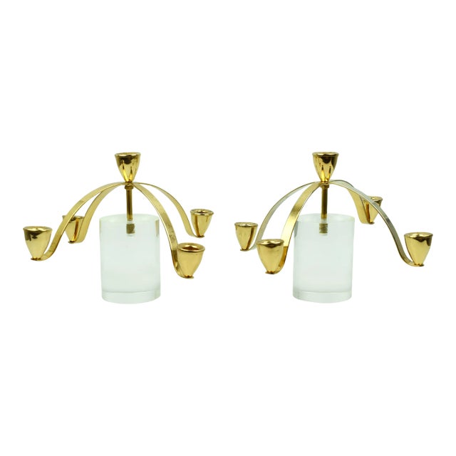 Mid Century Modern Lucite Cylinder Base With 5 Brass Candle Stick Holders Candelabra - Set of 2 For Sale