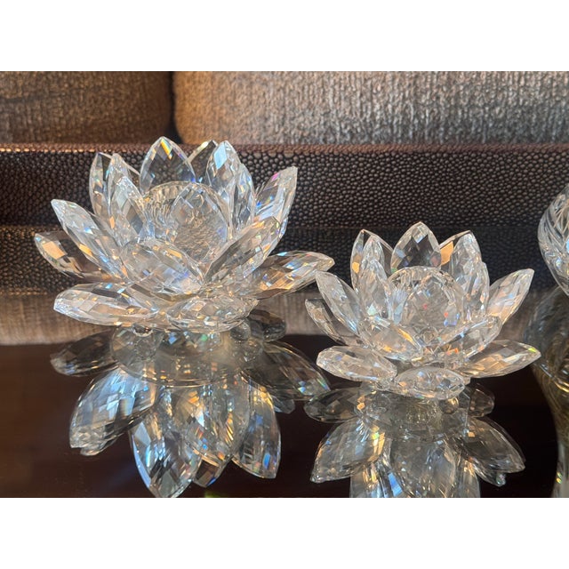 Hollywood Regency Swarovski Crystal Water Lily Lotus Flower Candle Holders (Set of 2, One Large, One Small) For Sale - Image 3 of 11