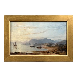 Horatio MacCulloch (1805-1867) - Romantic Scottish Mountainous Landscape With Sailboats and Sea, Signed (1863, Oil on Board) For Sale