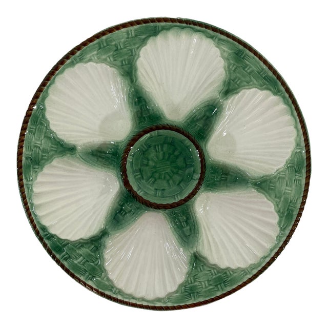 Antique 1920s French Longchamp Majolica Green and White Oyster Plate For Sale