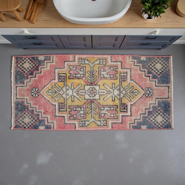 Hollywood Regency 1970s Hand Knotted Small Turkish Rug Entryway Mat Bath Rug Kitchen Rug - 19'' X 41'' For Sale - Image 3 of 12