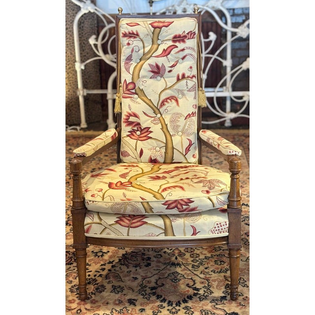 Pair of Mid Century Regency Style Wood Frame Armchairs With Waverly Style Upholstery Fabric and Brass Finial and Tassel Accents For Sale - Image 12 of 14