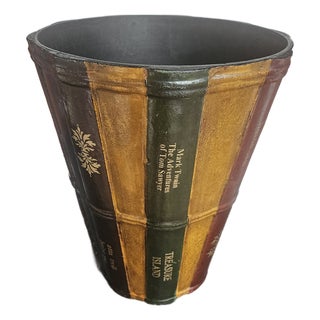 Tall Leather Faux Book Faced Waste Basket For Sale