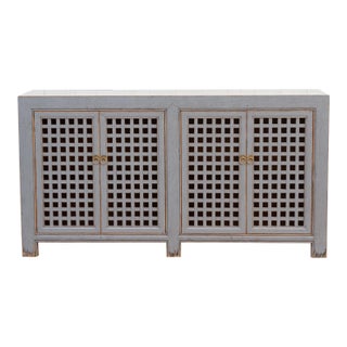 Long Painted Silver Gray Lattice Credenza For Sale