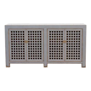 Long Painted Silver Gray Lattice Credenza