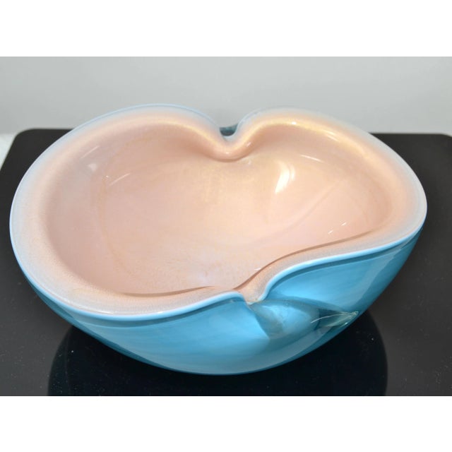 1960s Italian Murano Clear Turquoise Blue & Light Peach Blown Art Glass Bowl 1960 For Sale - Image 5 of 13