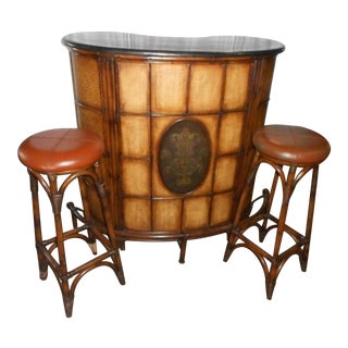 Mid-Century Marble Top Rattan Bar & Stools- Set of 3 For Sale