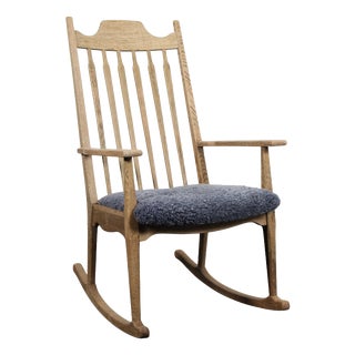 Vintage Scandinavian Oak and Leather Rocking Chair by Henning Kjærnulf, 1970s For Sale