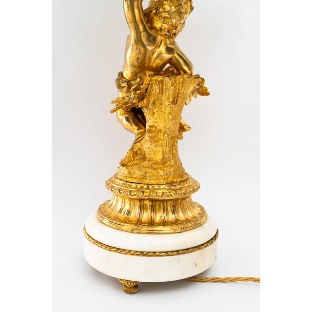 Yellow Historistic Fire Gilted Bronze Table Lamp with Fabric Shade, France, 1890s For Sale - Image 8 of 18