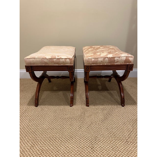 Traditional Carved Wood Karges Benches With Neutral Plush Upholstery -a Pair For Sale - Image 3 of 9