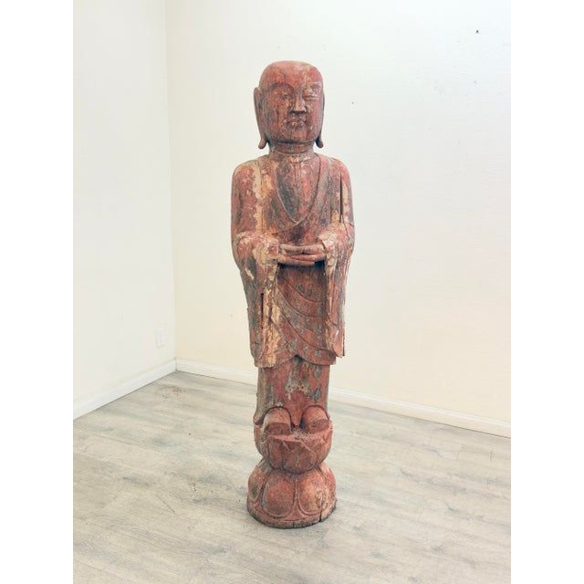 Asian Vintage Life Size Wood Buddha Statue For Sale - Image 3 of 9