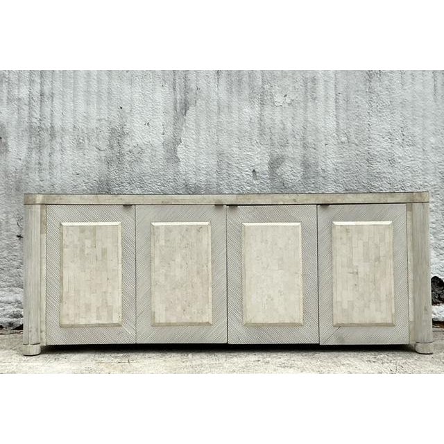 Vintage Coastal Pencil Reed Credenza With Tessellated Stone Detail ...