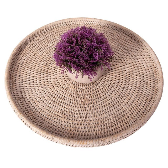 2020s Artifacts Rattan Round Flat Tray in White Wash - 16" For Sale - Image 5 of 6