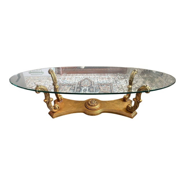 1950s Attributed to Weiman Heritage Wood Gold Leaf & Beveled Glass Coffee Table For Sale