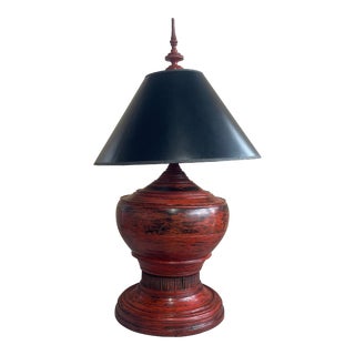 Vintage Red Lacquer Burmese Offering Bowl Lamp For Sale