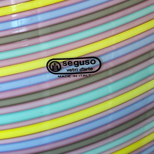 Large multicolored striped Murano glass vase from the 1970s with original Seguso label. H 32 cm, diameter 21 cm. Very good...