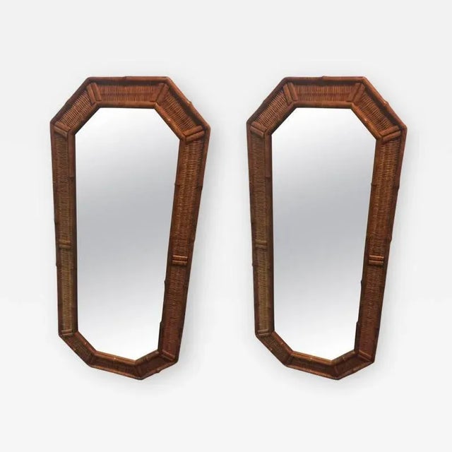 Wood Modern Wood Bamboo and Wicker Elongated Octagonal Mirrors - a Pair For Sale - Image 7 of 7