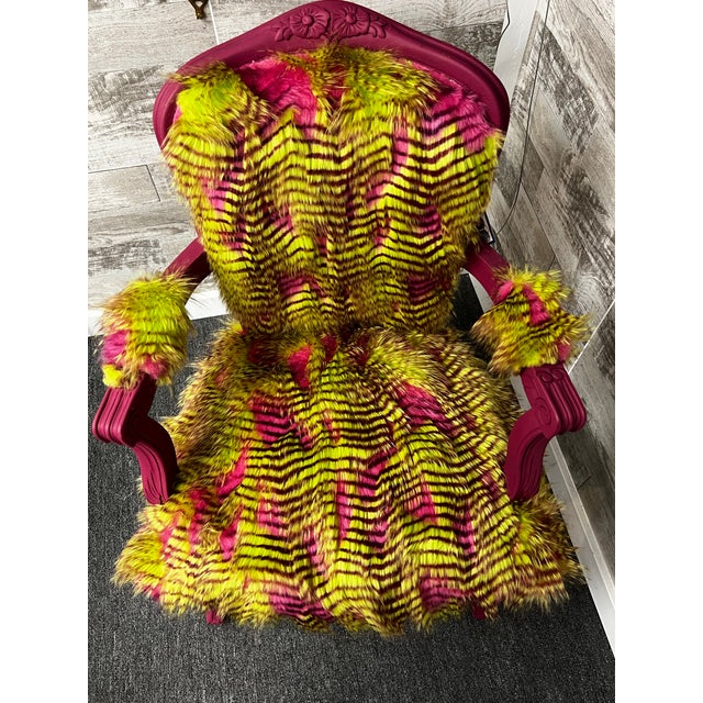 This redesigned vintage chair has been given an exciting second life with Fancy Feather Shaggy Faux Fur and Fresh Paint.