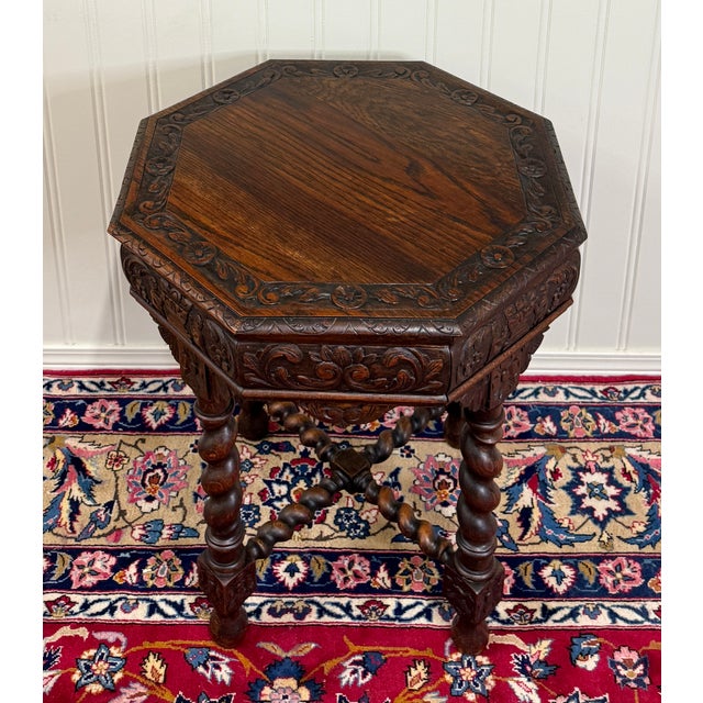Antique French Octagonal Table Renaissance Revival Carved Barley Twist Oak 19thC For Sale - Image 12 of 16