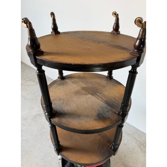 1960s Hollywood Regency Black Ebonized Three-Tier Side Table on Brass Casters For Sale - Image 12 of 12