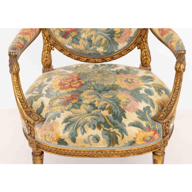 Wood Pair of Louis XVI Style Tapestry Upholstered Giltwood Fauteuils For Sale - Image 7 of 12