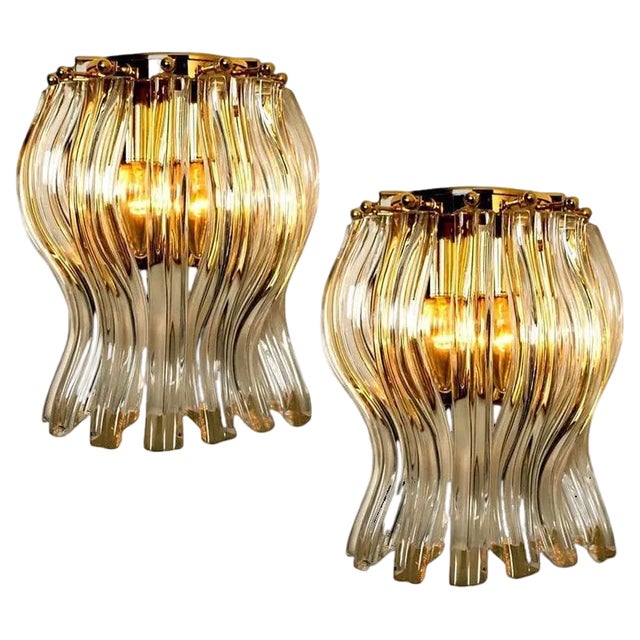 Murano Glass and Gilt Brass Sconces in the style of Venini, Italy, 1970s, Set of 2 For Sale